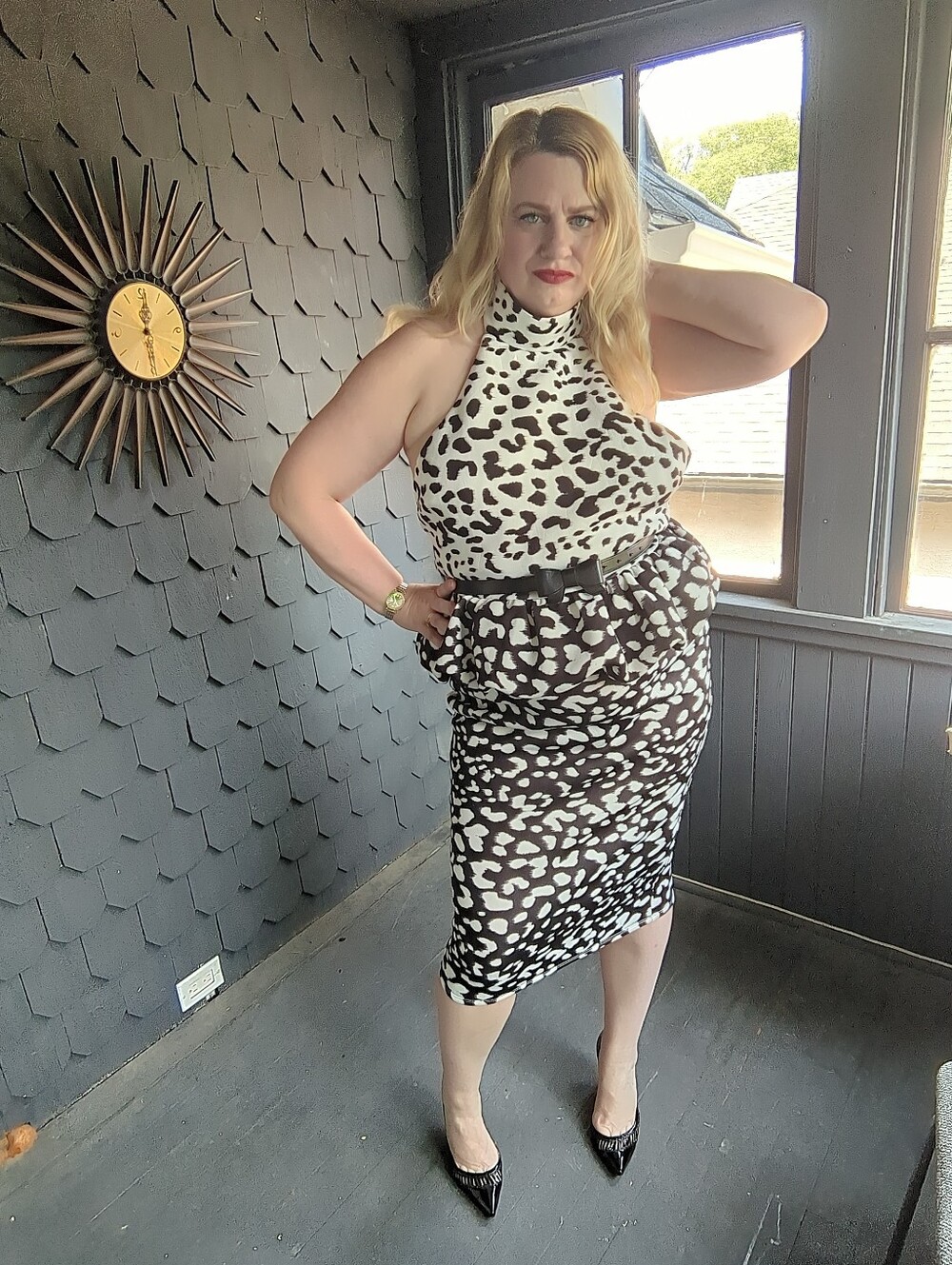 High Neck Black & White Printed Peplum Midi Dress
